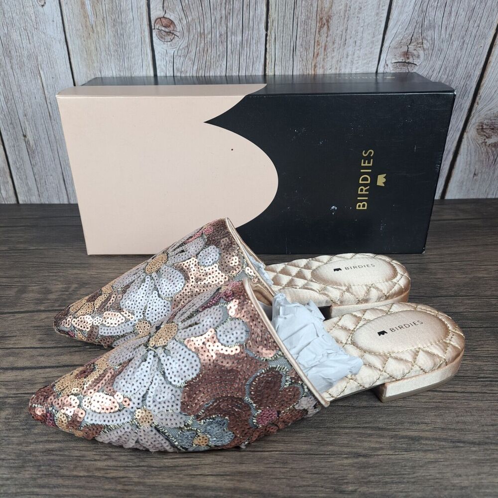 BIRDIES The Dove Floral Pink Petal Sequin Slip On Mule Women's Sz 9 NIB